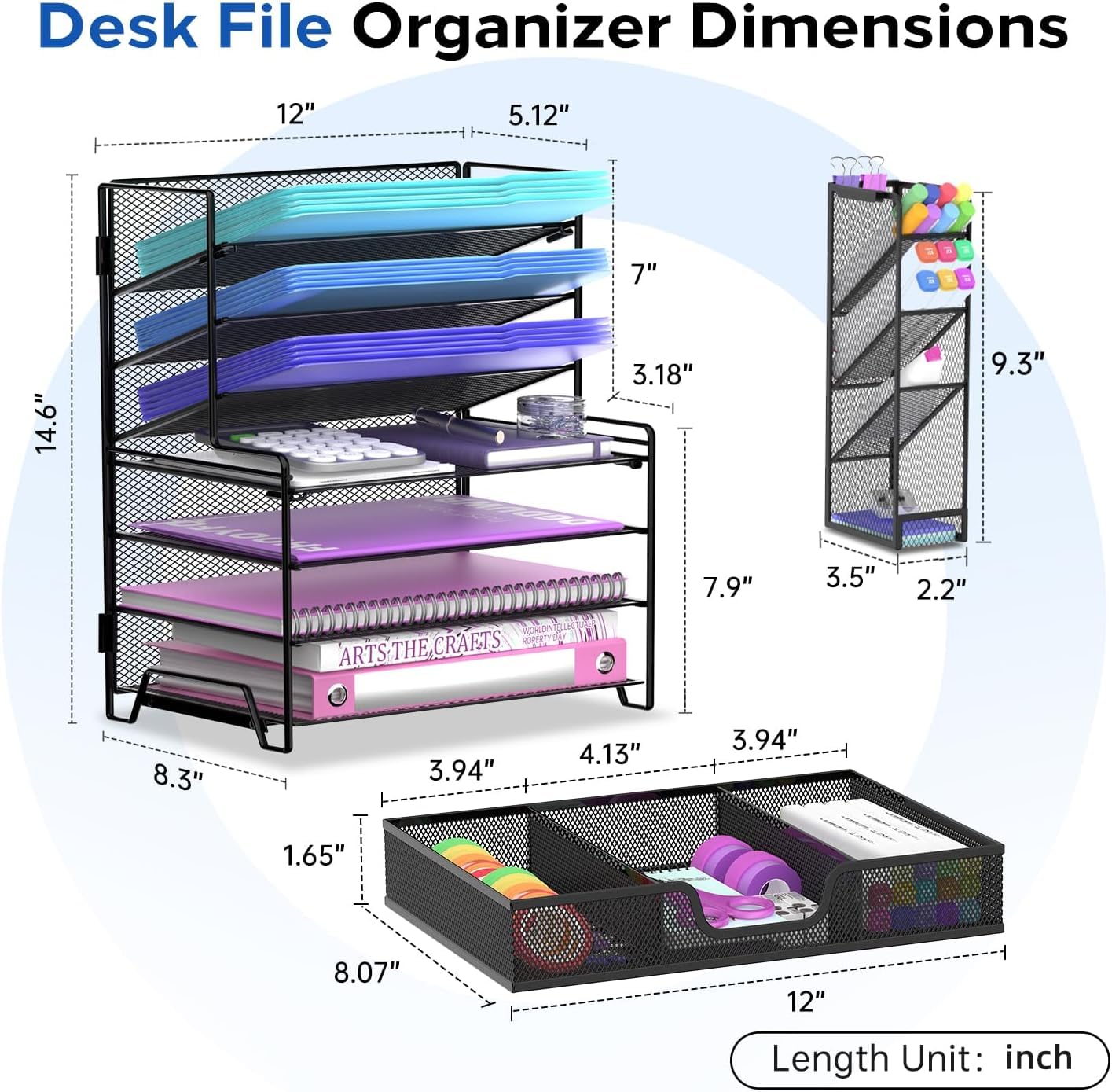 Reeplan 4 Tier Paper Organizer with File Holder and Pen Holder, 7 Tier Desk File Organizer, Desk Organizers and Accessories for Office Home School, Black