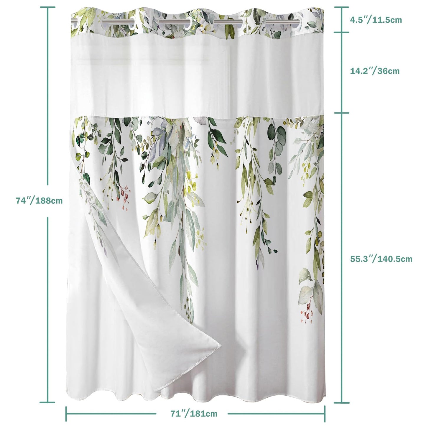 Shellspace No Hook 3 in 1 Shower Curtain with Snap in Liner, Green Leaves Flower Shower Curtain Set with See Through Top Window, Machine Washable Waterproof Polyester Fabric Bath Curtain, 71 x 74 in