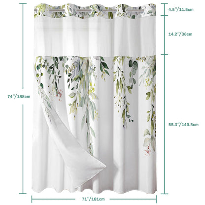 Shellspace No Hook 3 in 1 Shower Curtain with Snap in Liner, Green Leaves Flower Shower Curtain Set with See Through Top Window, Machine Washable Waterproof Polyester Fabric Bath Curtain, 71 x 74 in