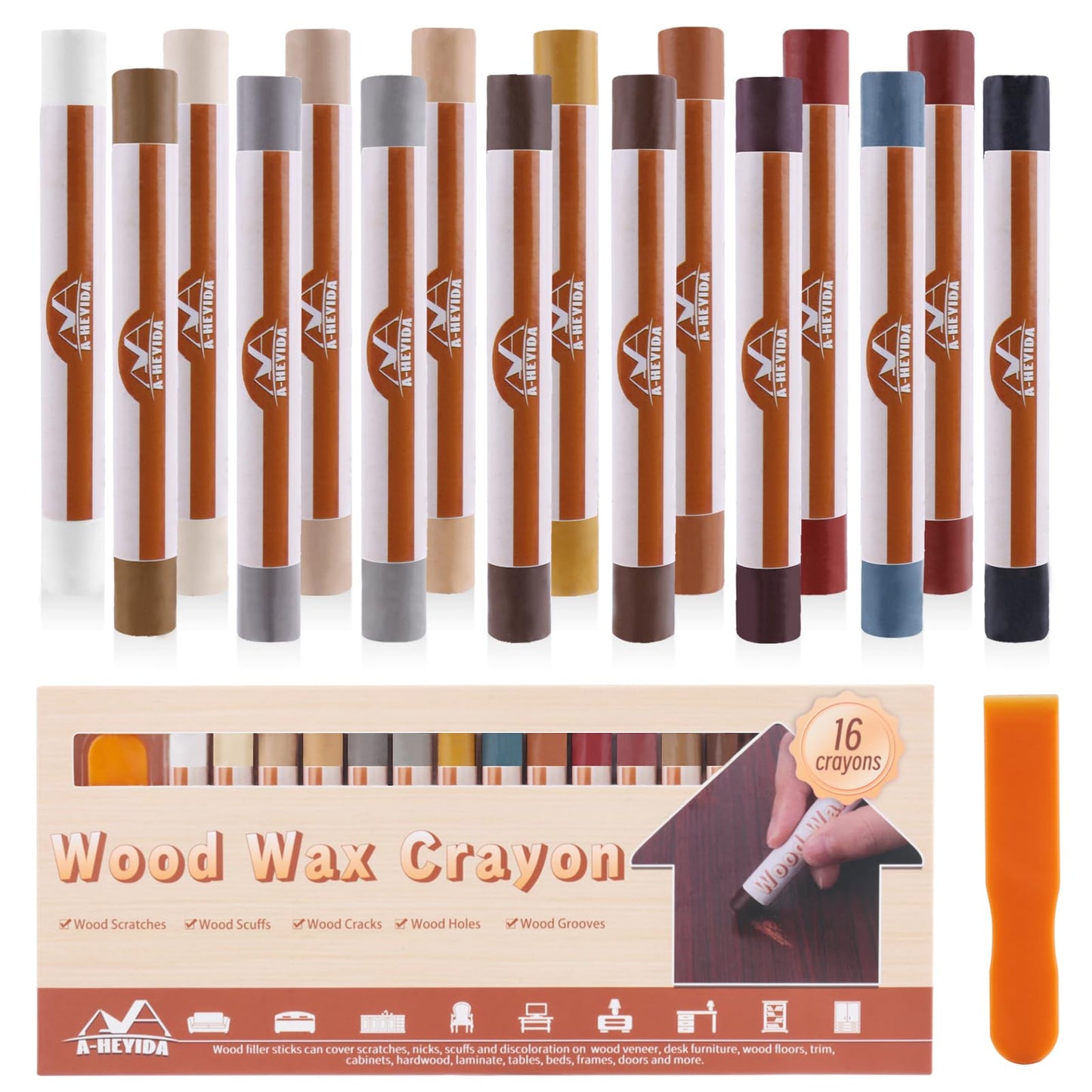 Wood Filler Sticks - Wood Furniture Wax Crayons 16 Colors, Hardwood Floor Scratch Repair Wax Filler Sticks, Touch Up Wax Sticks Repair Kit for Scratches, Scuffs, Cracks, and Nail Holes on Wooden Furniture, Floors, Cabinets, Tables