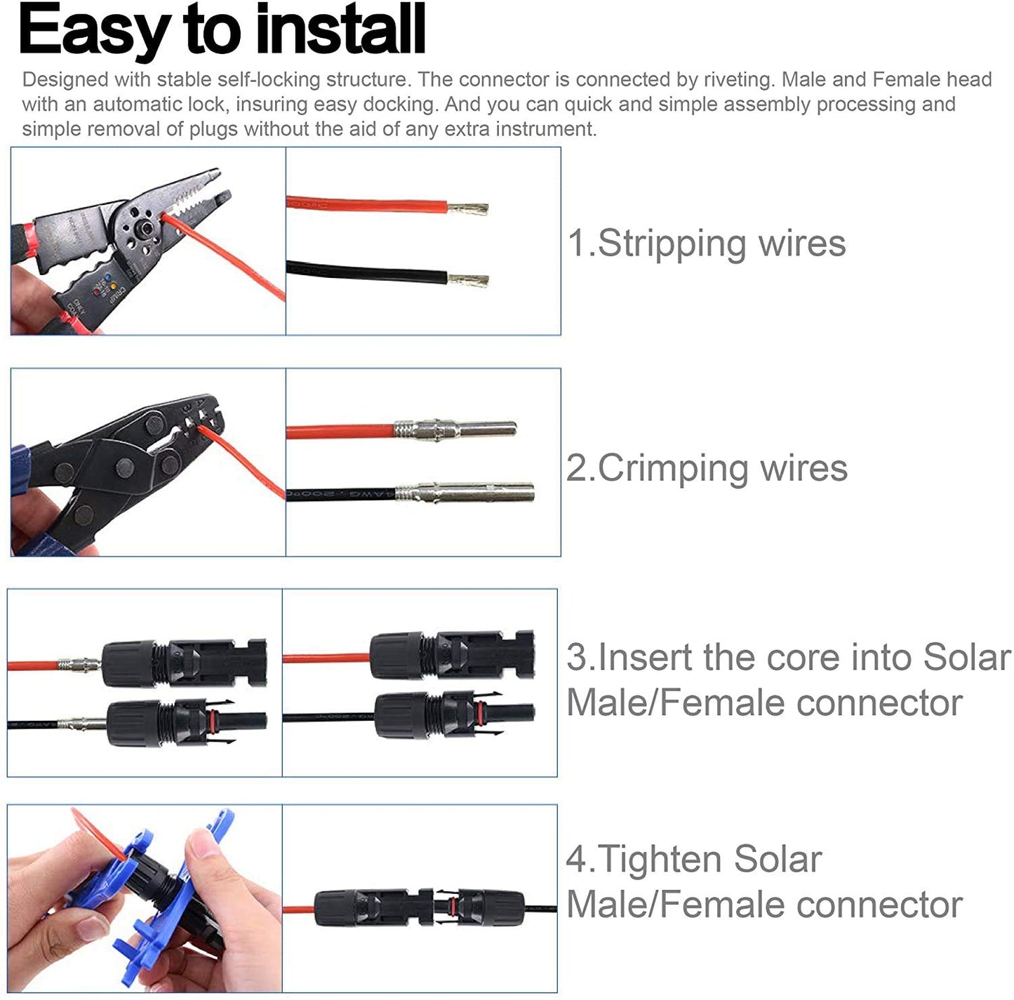 Ruikarhop MC4 Connectors Y Branch 1 to 4 Adapter Cable Wire Plug,MC4 Assembly Tool and 5 Pairs Male/Female Solar Panel Connectors