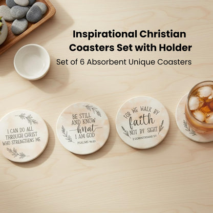 Absorbent Coasters Set of 6 with Holder – Drink Coasters for Coffee Table Decor, Bar Decor, and Home Use – Ceramic Stone Coasters for Drinks, Water-Absorbing Round Coaster Set (Blessed)
