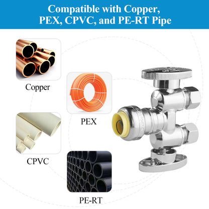 WiseWater 1 Pack 1/2" Push Fit x Dual 3/8" OD Compression Straight Stop Valve, 1/4 Turn Double Handles Shut Off Valve with Disconnect Clip, Chrome Plated Brass, Copper, PEX, CPVC, PE-RT Pipes