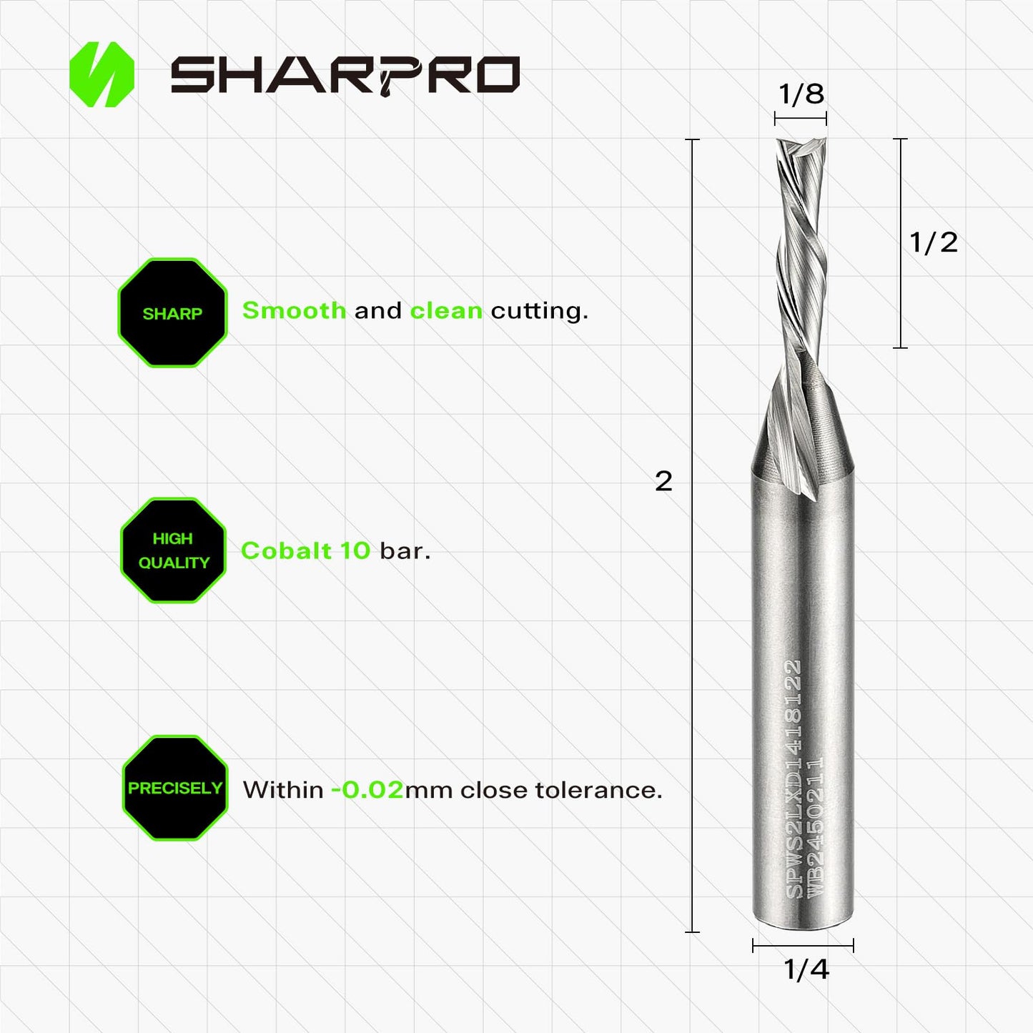 SHARPRO Downcut Spiral Router Bit 1/4 Inch Shank 1/8 Inch Cutting Dia. 1/2 Inch CL. 2 Inch OVL. Solid Carbide Down Cut CNC Bit, Ideal for Wood Cutting, Slotting, Engraving, Carving
