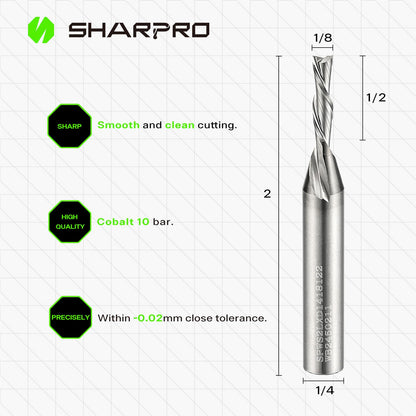 SHARPRO Downcut Spiral Router Bit 1/4 Inch Shank 1/8 Inch Cutting Dia. 1/2 Inch CL. 2 Inch OVL. Solid Carbide Down Cut CNC Bit, Ideal for Wood Cutting, Slotting, Engraving, Carving