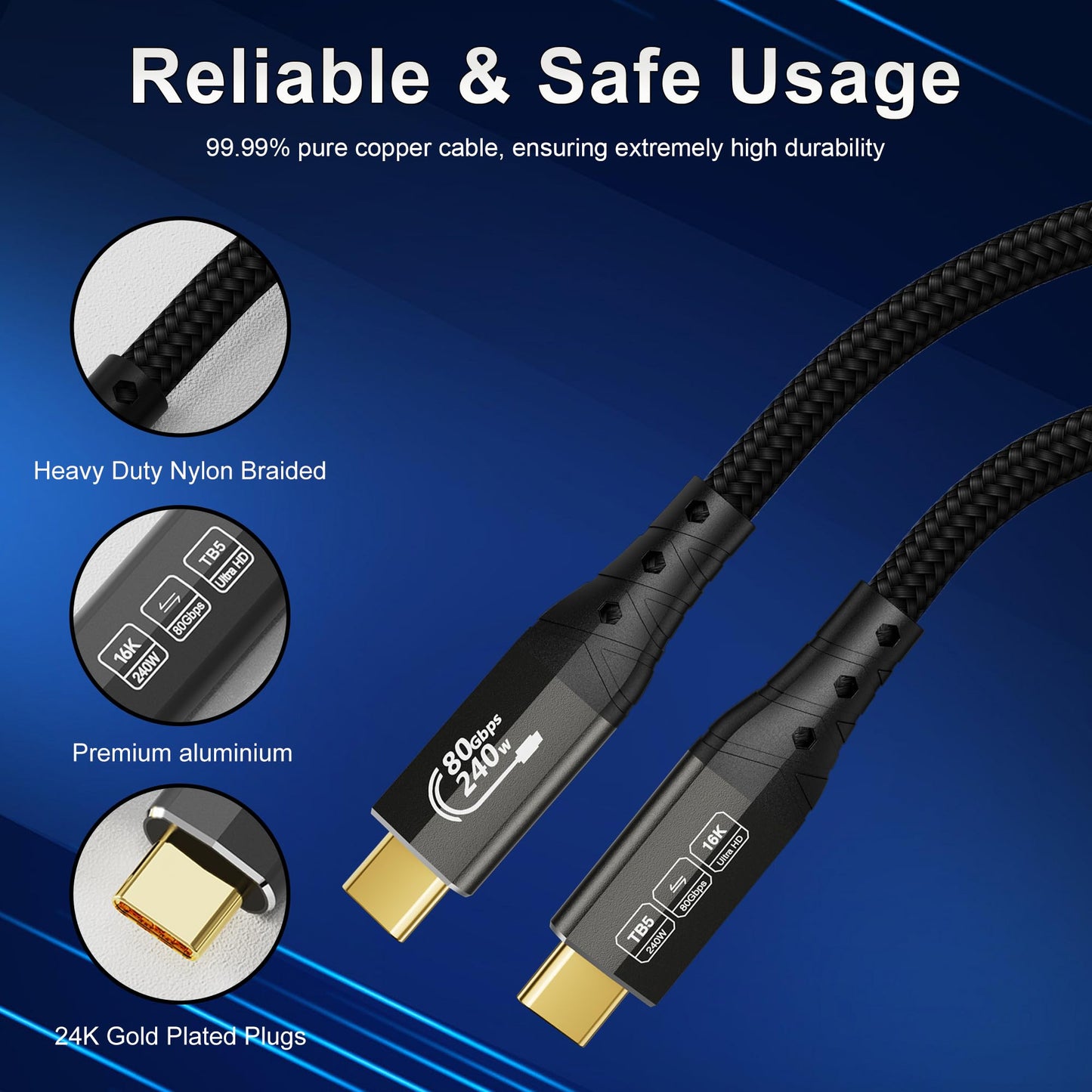 ZIKNYDO USB 4 for Thunderbolt 5 Cable, USB C 80Gbps Data Transfer, 120Gbps Bandwidth for 16K/Dual 8K Displays, PD3.1 240W Charging-1.6FT/0.5m, for Thunderbolt 4, SSD, MacBook M4 Pro/Max, Docking, eGPU