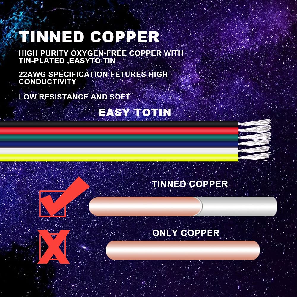 CARLITS 22AWG 6pin 65.6FT 20M RGBWW Extension Cable Wire Line Stranded Tinned Copper for 6 Colors RGBCCT LED Strip Lights 3528 5050