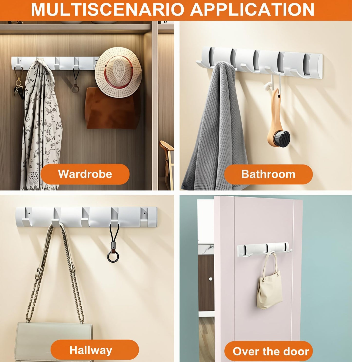 Retractable Wall-Mounted Coat Rack with 5 Hooks, Modern Space-Saving Storage for Hats, Jackets, Bags, Entryway, Mudroom, Closet, Bathroom, Bedroom - White