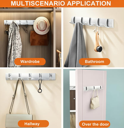 Retractable Wall-Mounted Coat Rack with 5 Hooks, Modern Space-Saving Storage for Hats, Jackets, Bags, Entryway, Mudroom, Closet, Bathroom, Bedroom - White