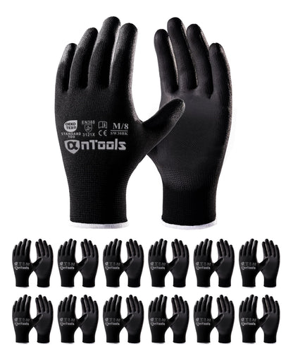 AnTools 12 Pairs Skin-Friendly PU-coated Work Gloves, Seamless Knit, Lightweight, Flexible, General-Duty Work Gloves for Men and Women, Black, Large