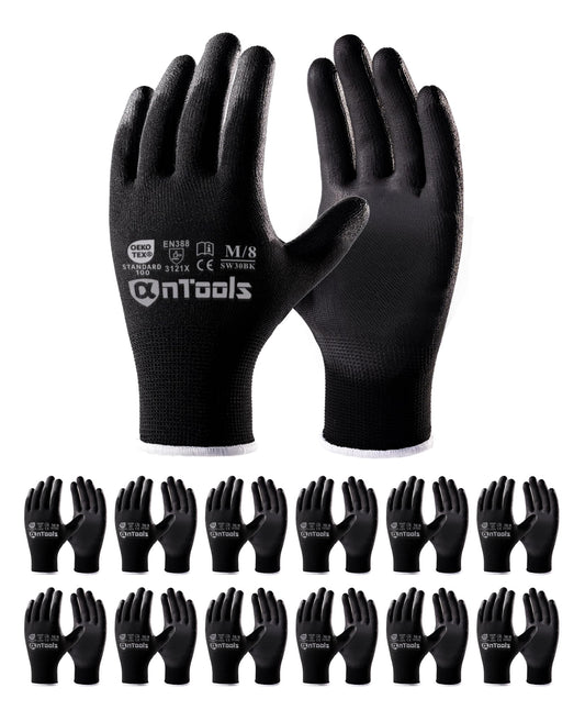 AnTools 12 Pairs Skin-Friendly PU-coated Work Gloves, Seamless Knit, Lightweight, Flexible, General-Duty Work Gloves for Men and Women, Black, Large