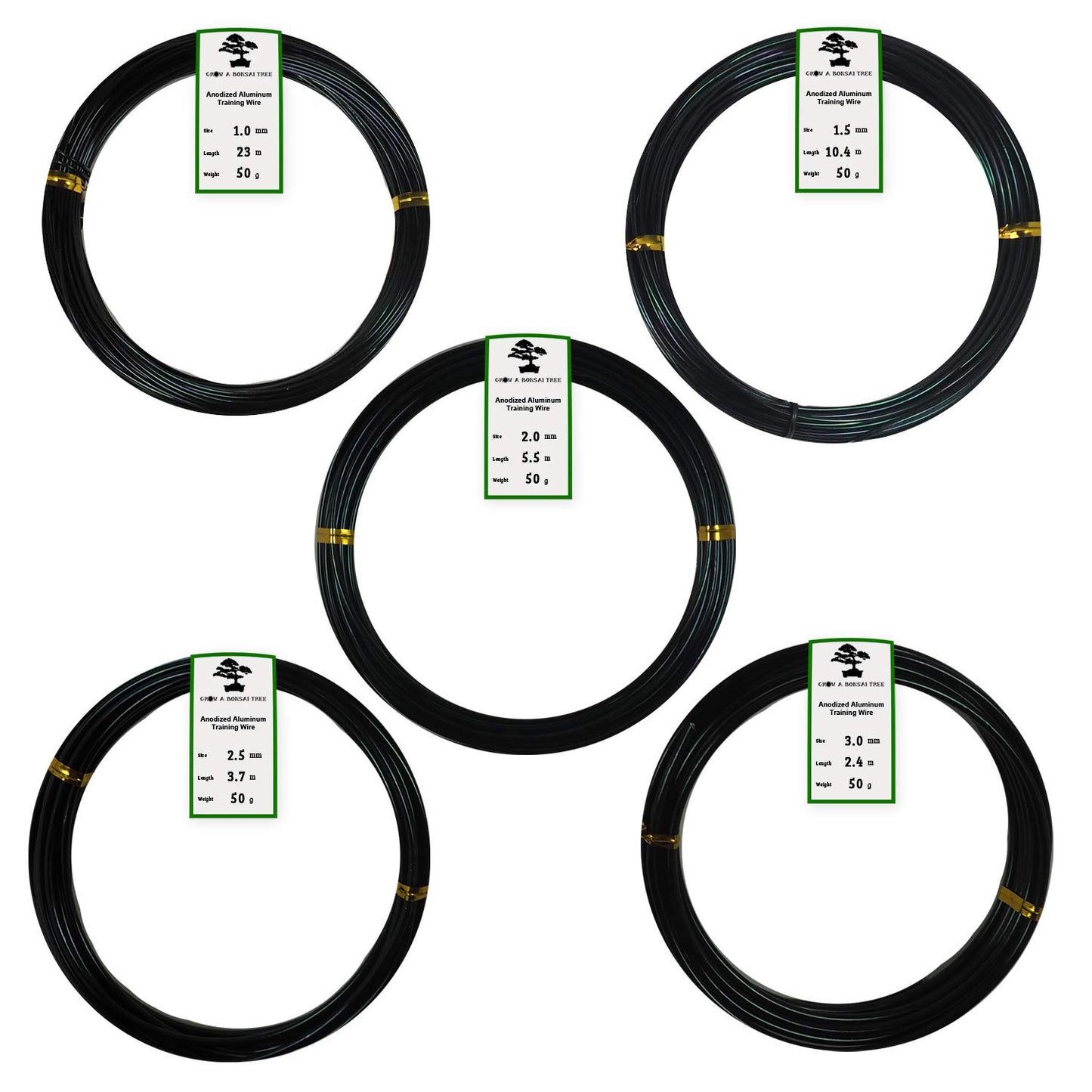 Anodized Aluminum Bonsai Training Wire 5-Size Starter Set with Canvas Bag - 1.0mm, 1.5mm, 2.0mm, 2.5mm, 3.0mm (147 feet Total) - Choose Your Color (5 Sizes, Black)