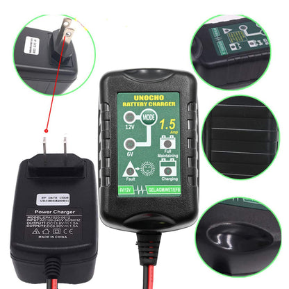 6V 12V Battery Charger 1.5A Automatic Battery maintainer trickle Battery Charger Smart Float Charger for auto car Motorcycle Lawn Mower Boat Motorcycle Snowmobile