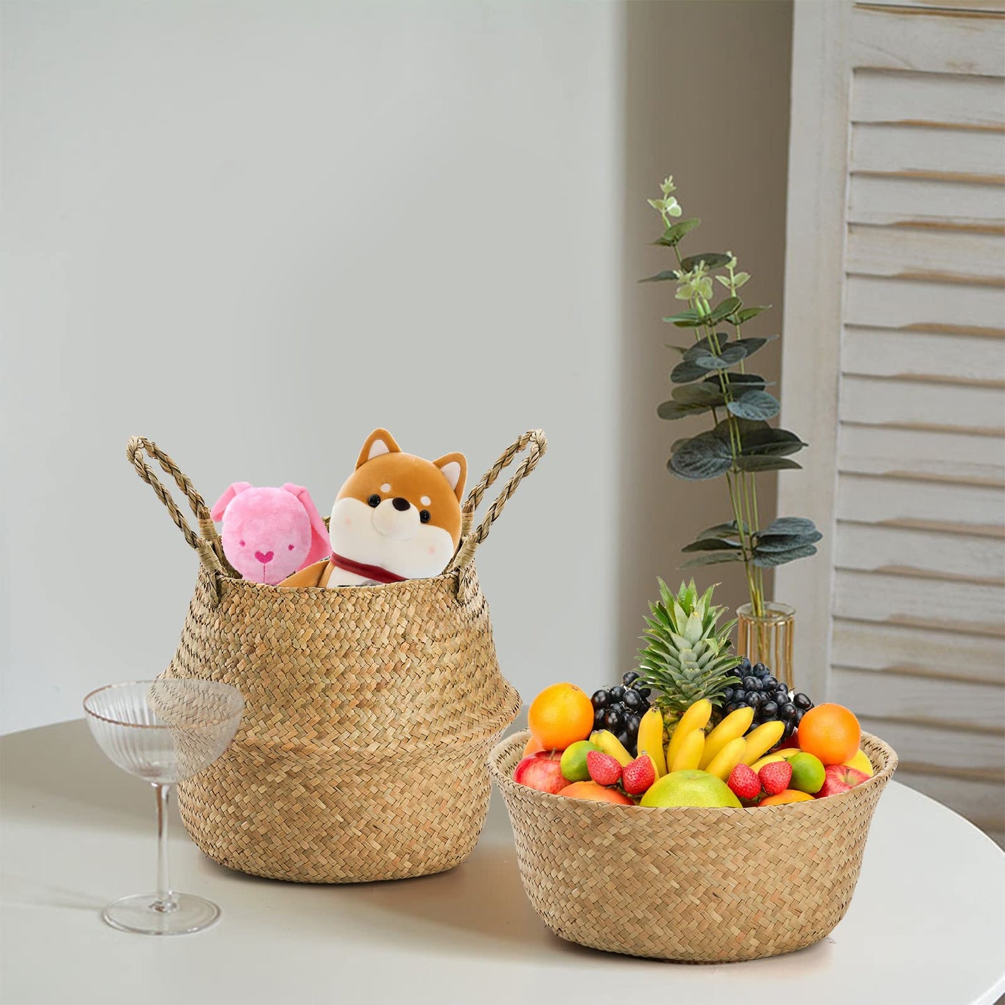 Yesland 2 Pack Woven Seagrass Plant Basket with Handles, Ideal Storage Plant Pot Cover for Laundry, Picnic, Beach Bag and Grocery Basket (L)