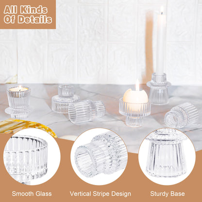 Toptime Candlestick Holders Set of 6, Ribbed Glass Taper Candle Holders, Reversible Clear Tealight & Candle Stick Candle Holder Vintage Crystal Tapered Candlestick for Wedding Dinner Party Festival