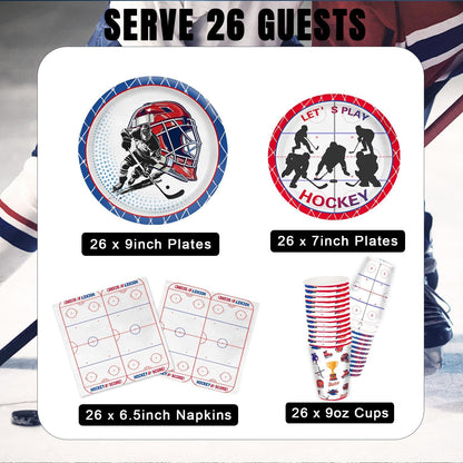 104 PCS Hockey Party Table Supplies Kit Serve 26, Includes Dinner Plates, Dessert Plates, Napkins, Cups for Ice Hockey Birthday Party Sport Events Decorations Favors