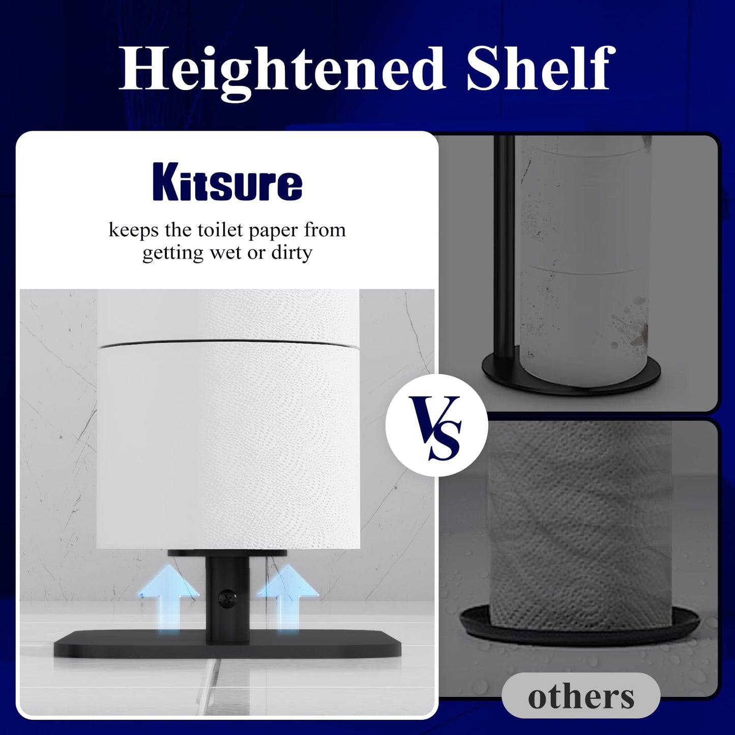 Kitsure Toilet Paper Roll Holder Free Standing – Rustproof Metal Toilet Paper Stand for 4 Rolls with Anti-Slip Base and Shelf for Phone & Small Items, Black, 63.0 x 23.5 x 15.0 cm