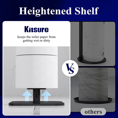 Kitsure Toilet Paper Roll Holder Free Standing – Rustproof Metal Toilet Paper Stand for 4 Rolls with Anti-Slip Base and Shelf for Phone & Small Items, Black, 63.0 x 23.5 x 15.0 cm