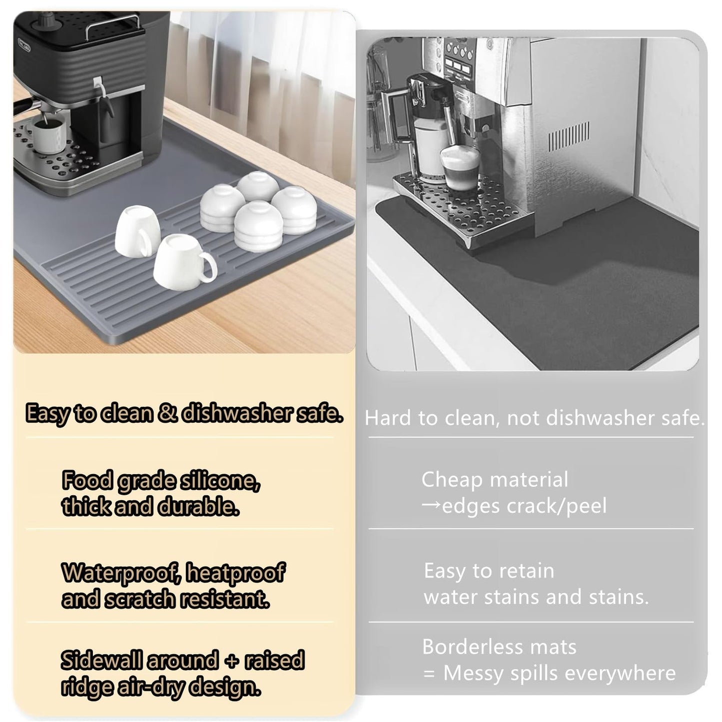Coffee Maker Mat, Silicone Coffee Mat, 24"x16" Coffee Bar Mat with Detachable Dish Drying Mat, Spill-Proof, Heat-Resistant, Non-Slip, fits Under Coffee Maker & Dish Rack (Black, 24"x16")