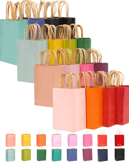 qiqee 60-Packs Rainbow Paper Gift Bags with Handles Bulk 8.26"×3.15"×6" 16 Different Color Gift Bags Small Size with Different Color Handle Multiple Uses (Small Size)