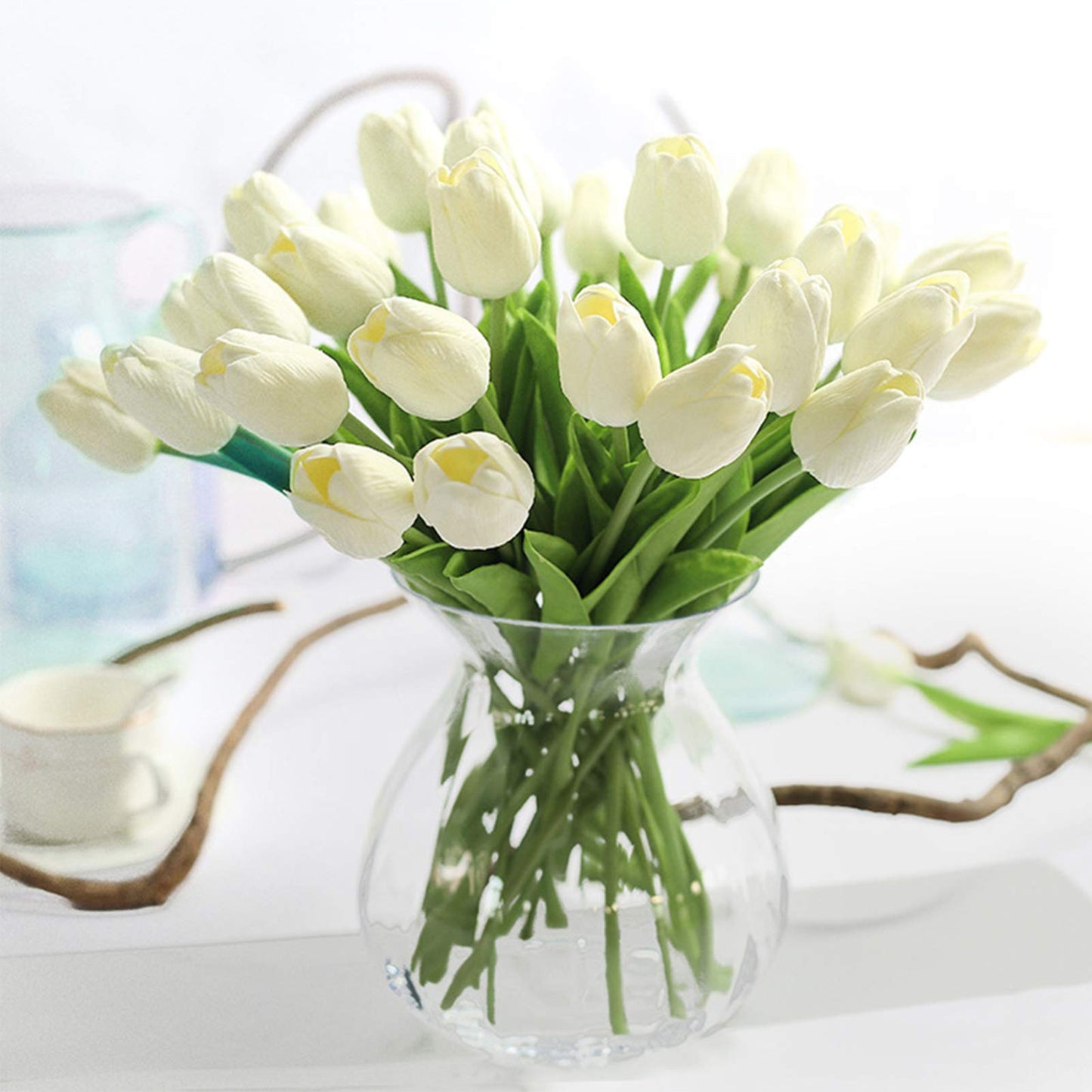 Artificial Flowers 30pcs Bouquet 14" Tall Real Touch Tulips, White PU Fake Tulips Flowers for Arrangement Wedding Party or Easter Spring Home Centerpiece Dining Room Office Table Decoration