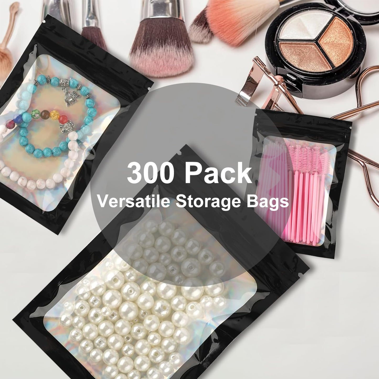 300 Pack 3 Sizes Resealable Mylar Holographic Bags Food Storage Smell Proof Bags with Front Window Packaging Pouch for Sample Snack Cookies Jewelry (Black, 3 x 4.7 inch,4 x 6 inch,4.7 x 7.9 inch)