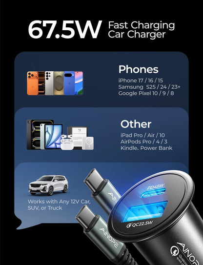 AINOPE 67.5W Mini Car Charger USB C Fast Car Charger (with 60W USB C Cable) for iPhone 17 Car Charger, All Metal Cigarette Lighter Adapter, Car Accessories Adapter for iPhone 17 16 Samsung Android