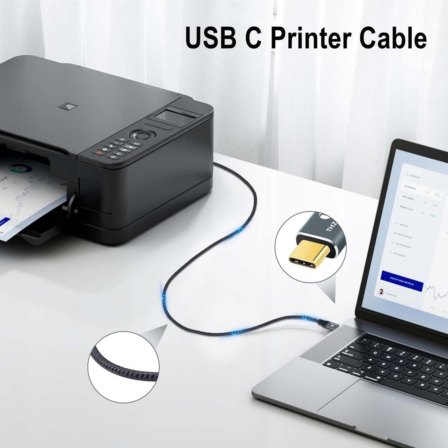 Thzzhnno USB B to USB C Printer Cable 15FT/5M, USB C to USB 2.0 B Cord for MacBook Pro, MIDI Cable for Yamaha Casio Digital Piano, MIDI Keyboard, DJ Controller