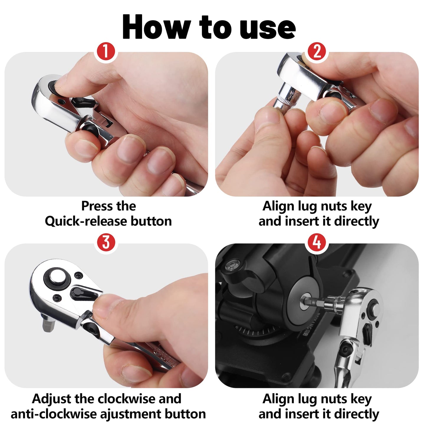 UYECOVE 3/8 Inch Drive Stubby Flex Head Ratchet Wrench, Small Socket Wrench, 72 Tooth Quick Release Cr-Mo Swivel Head Ratchet-4.9"/125mm