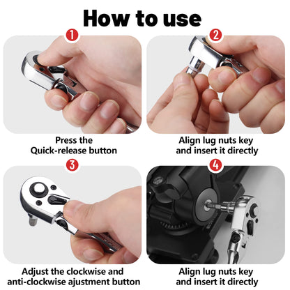 UYECOVE 3/8 Inch Drive Stubby Flex Head Ratchet Wrench, Small Socket Wrench, 72 Tooth Quick Release Cr-Mo Swivel Head Ratchet-4.9"/125mm