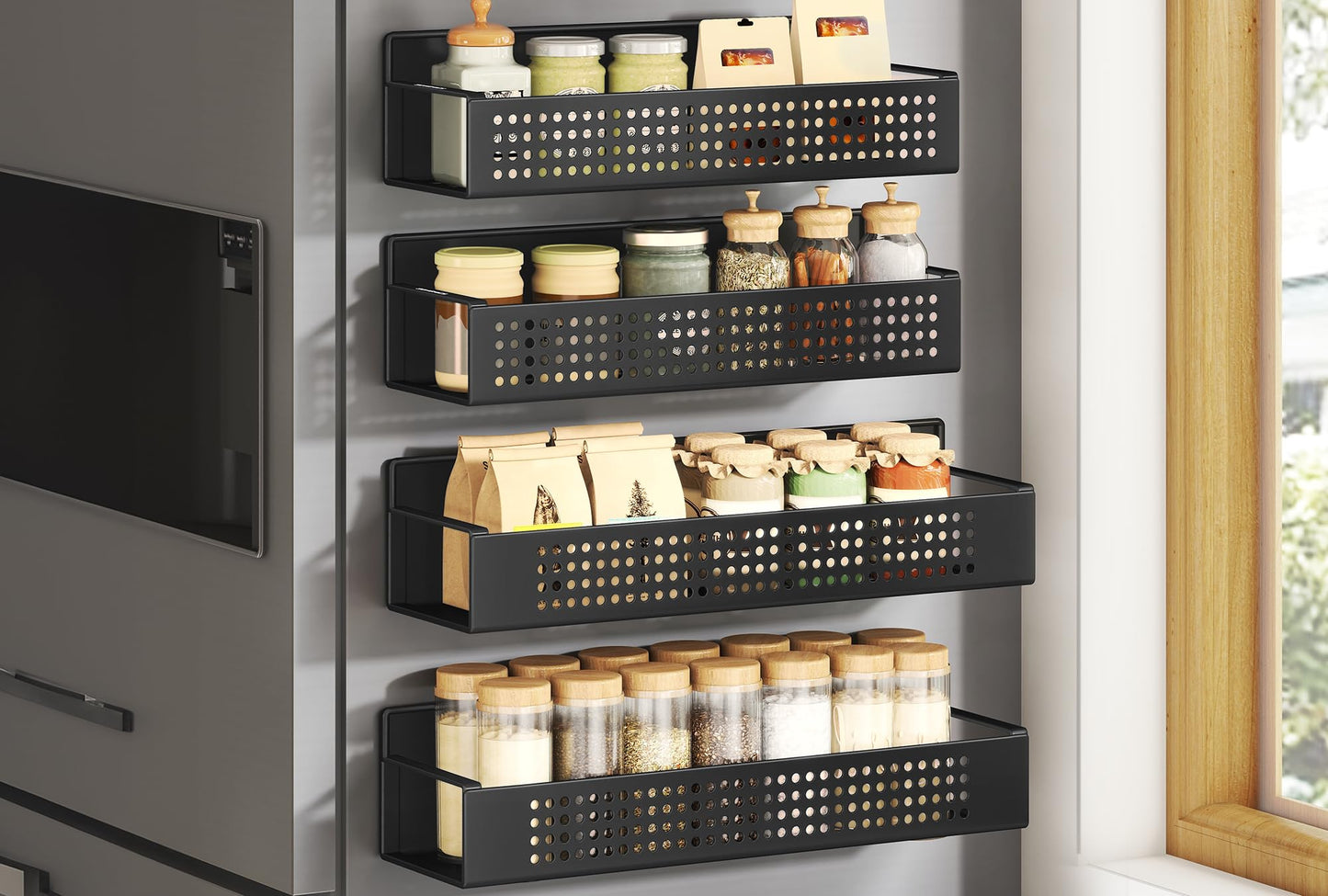 SONGMICS Set of 4 Spice Racks, 2 Large and 2 Small Kitchen Magnetic Shelves for Refrigerator, Microwave, Washing Machine, Spice Organizers, No Drilling Needed, Ink Black UKCS061B01