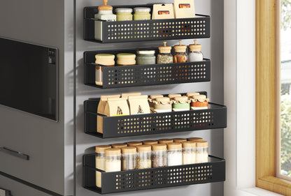 SONGMICS Set of 4 Spice Racks, 2 Large and 2 Small Kitchen Magnetic Shelves for Refrigerator, Microwave, Washing Machine, Spice Organizers, No Drilling Needed, Ink Black UKCS061B01