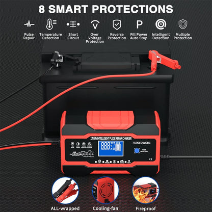 10-Amp 12V 24V Smart Car Battery Charger | Fully-Automatic Trickle Charger & Maintainer | Pulse Repair Desulfator for AGM Gel SLA Flooded Batteries