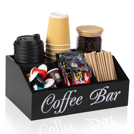 ZBBCTUS Coffee Station Organizer with Mat, Farmhouse Wood Coffee Pods Holder Storage Basket,Countertop Tea Condiment Storage Organizer,Rustic Bar Decor for Accessories Organizer