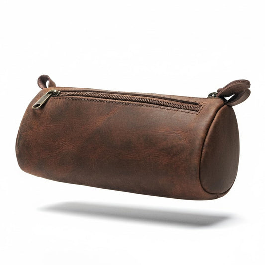 Wanderings Small Triangle Leather Pencil Pouch – 8.5" / 21.6 cm – Handcrafted Full-Grain Leather Zipper Case – Compact Brown and Stylish Pencil Case for Artists, Travel Makeup, Jewelry, and Purse Bag