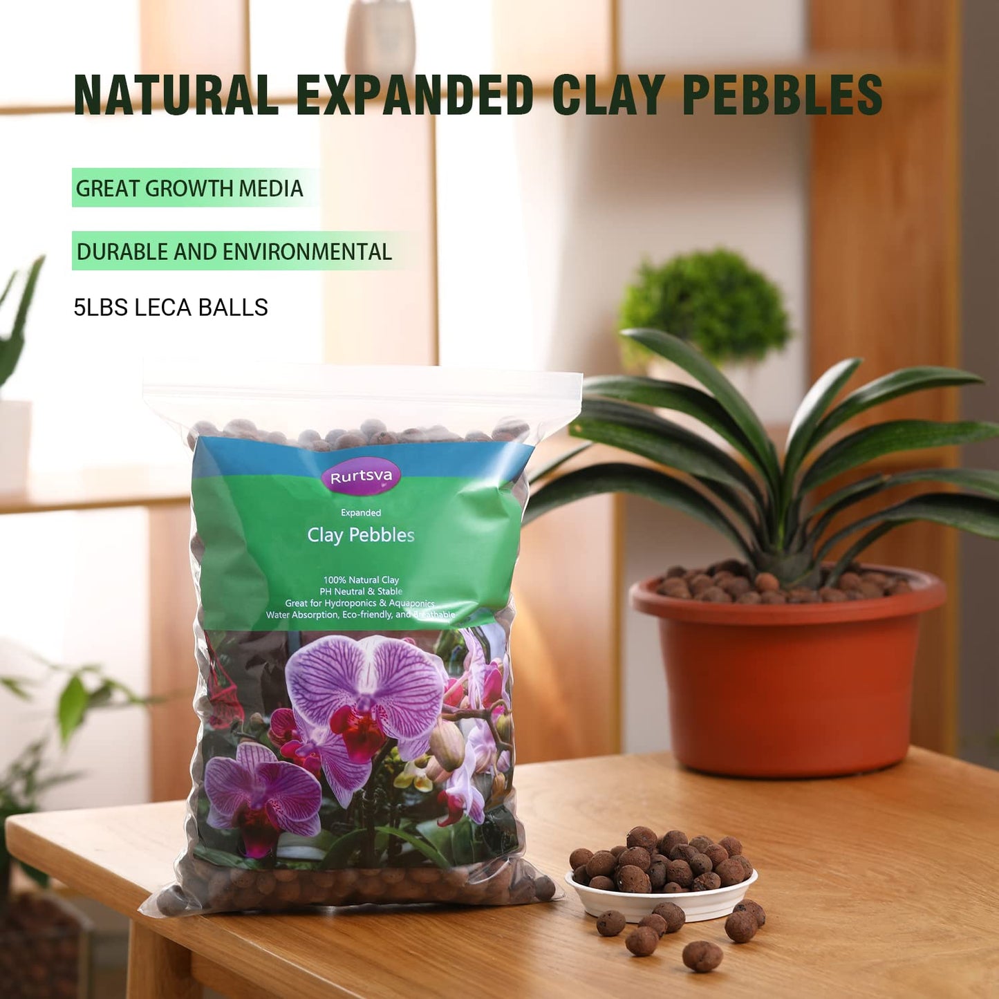 Rurtsva Natural Organic Clay Pebbles, 5LBS 8mm-18mm Expanded Leca Balls Plant Garden Soil, Grow Media for Hydroponics, Decoration, Aquaponics, Gardening Essentials