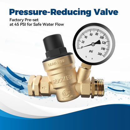 RVGUARD RV Water Pressure Regulator Valve, Lead-Free Brass Adjustable Water Pressure Reducer with Gauge and Inlet Screen Filter for RV Camper Travel Trailer