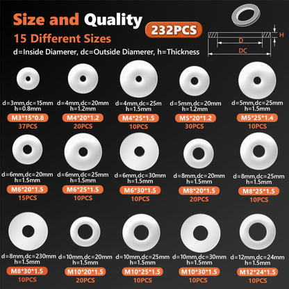 Washers, 232 Pcs 304 Stainless Steel Flat Penny Washers for Screws Bolts Kit -Large OD Metric Fender Washers Assortment (M3 M4 M5 M6 M8 M10 M12)| Anti-Rust for Automotive, Machinery, DIY Repair