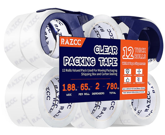 RAZCC Packing Tape, 12 Rolls Clear Heavy Duty Packaging Tape with Dispensers for Packing, Shipping, Moving and Mailing, Thicker Sealing Tape-1.88" x 65 Yards Per Roll, 780 Total Yards