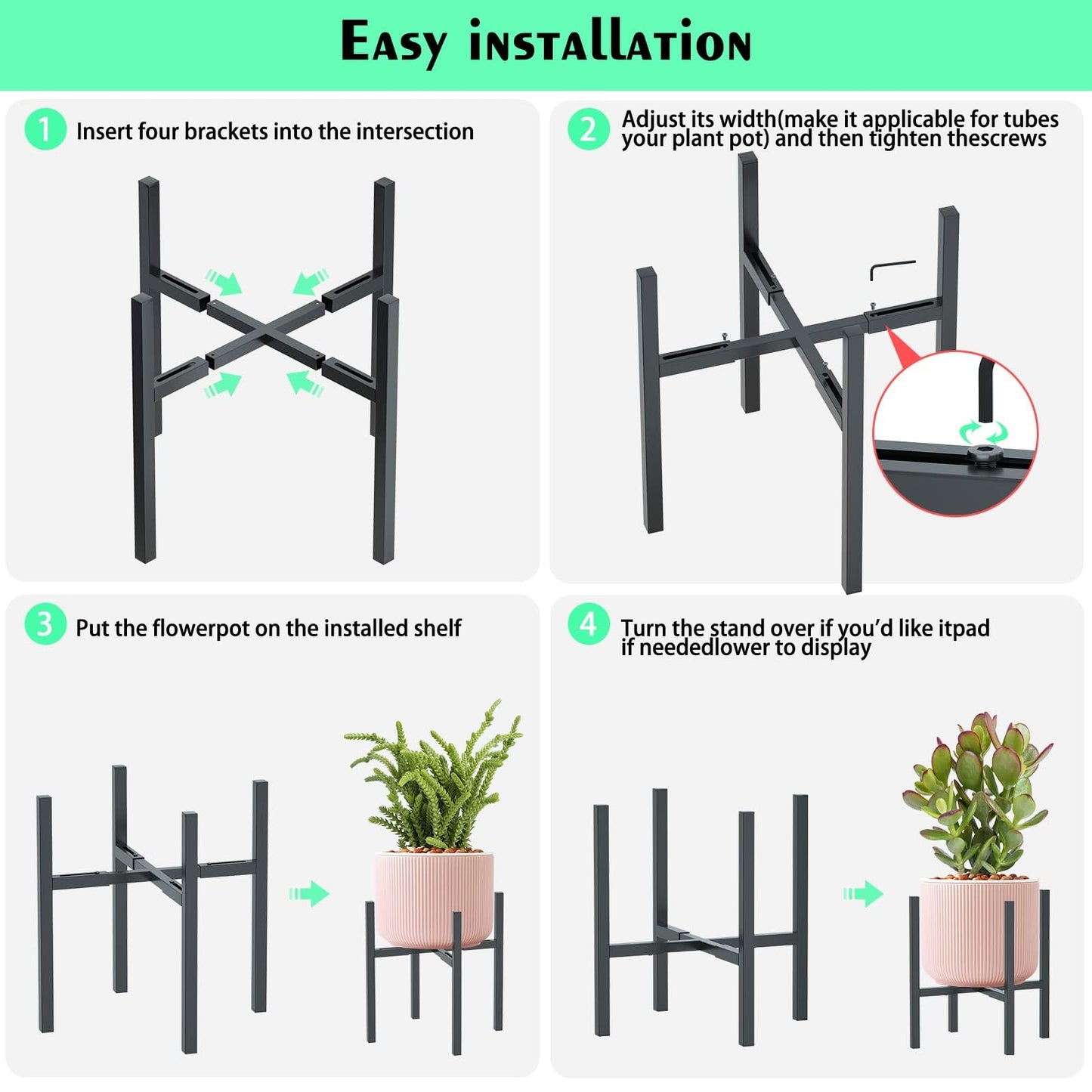 Adjustable Metal Plant Stand Outdoor & Indoor Fits for 8-14 inches Plant Pot Stand Mid Century Modern Planter Pot Holder Corner Plant Stands (black-1)