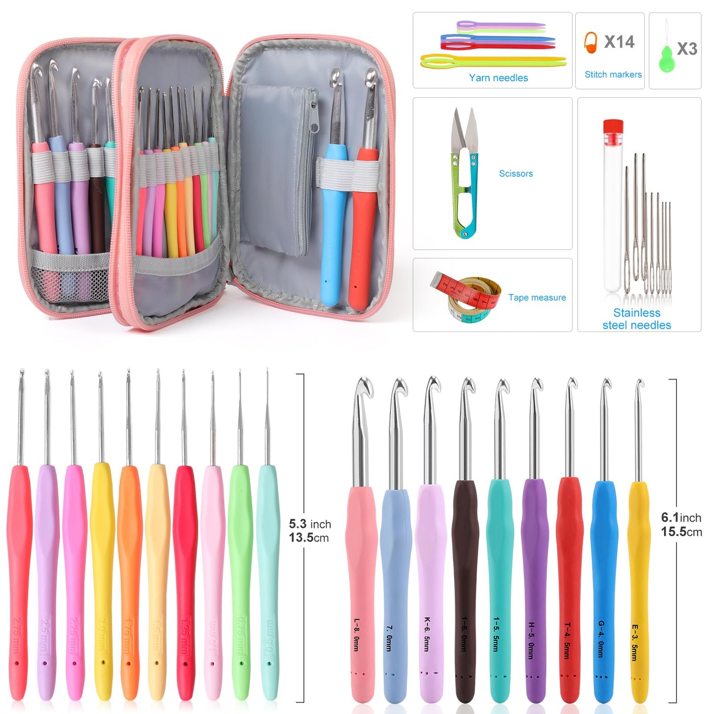 Vodiye 21 Sizes Ergonomic Crochet Hooks Set 0.5–10.0mm with Case, Soft Grip Crochet Needles for Crocheting Comfort
