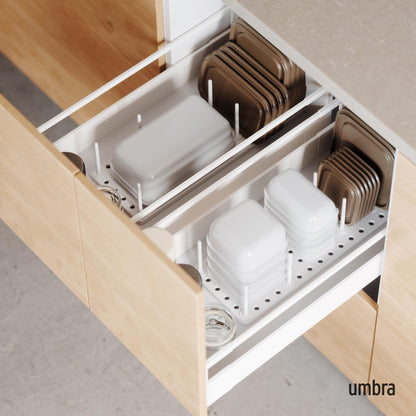 Umbra Peggy Kitchen Drawer Cupboard Organizer Tray - Adjustable Storage System For Food Containers, Cookware, Serveware, Utensils and More, White