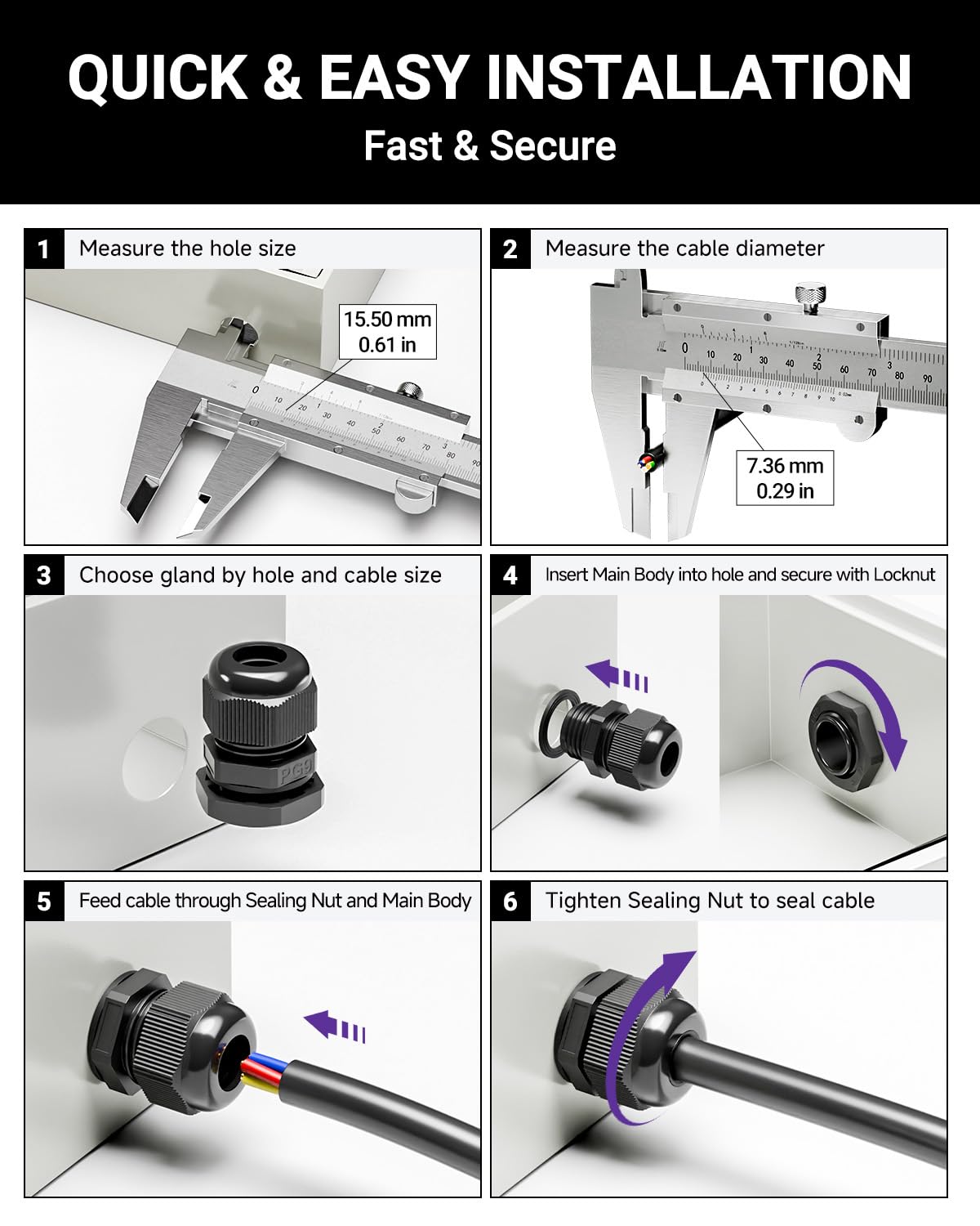 VCELINK 60Pcs IP68 Waterproof Cable Gland Kit - PG7/9/11/13.5/16/19 Thread, Adjustable for 3-18mm Cable Diameter, Black Nylon Cord Grip Connectors, Black