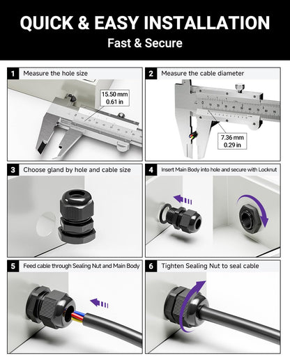 VCELINK 60Pcs IP68 Waterproof Cable Gland Kit - PG7/9/11/13.5/16/19 Thread, Adjustable for 3-18mm Cable Diameter, Black Nylon Cord Grip Connectors, Black