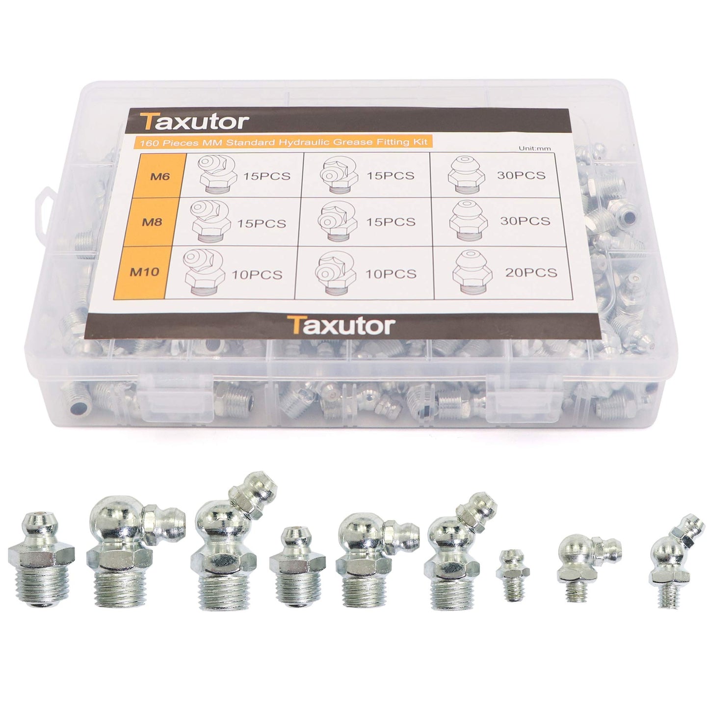 Taxutor 160-Pieces MM Metric Hydraulic Zerk Grease Fitting Assortment Set Kit - M6 M8 M10 Straight, 45 Degree, 90 Degree Angled Grease Zerk Fittings
