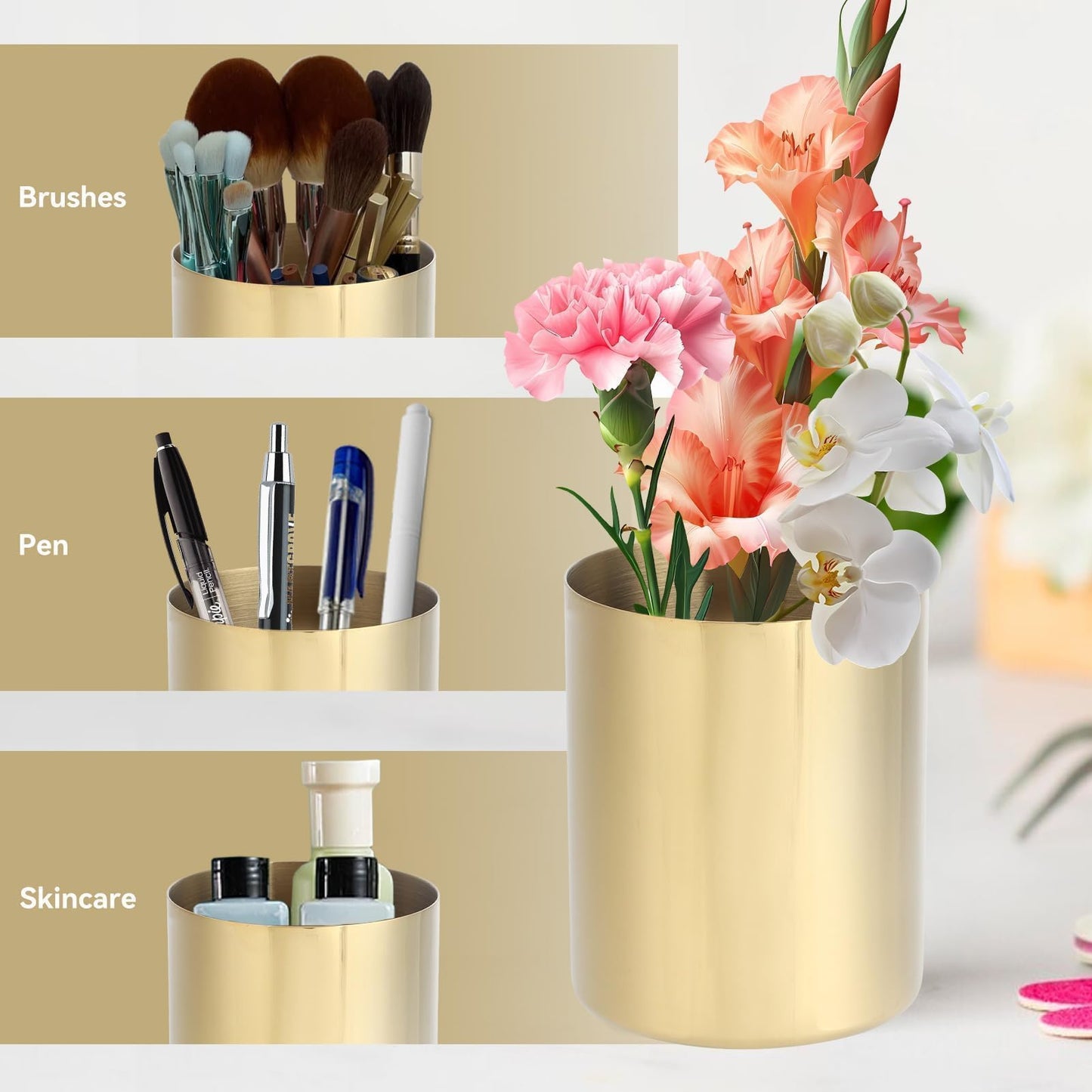 2PCS Gold Pen Holder, Round Pencil Cup Stainless Steel Makeup Brush Holder Desktop Stationery Organizer for Office and Vanity Desk