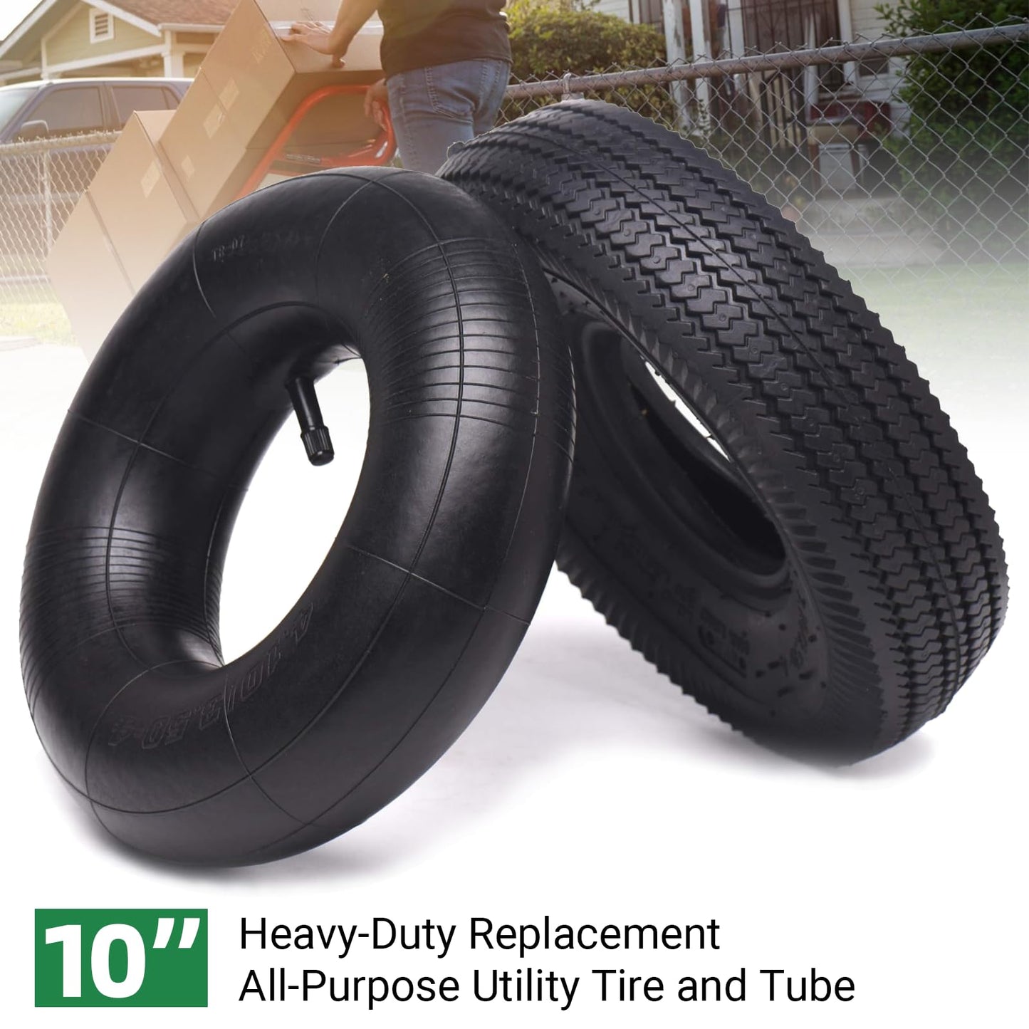 (2 Pack) AR-PRO 10" Heavy-Duty Replacement All-Purpose Utility Tire and Tube - 4.10/3.50-4" Pneumatic Tires with 10" Inner Tubes TR-13 Straight Valve Stem for Lawn Mowers, Hand Trucks, and More