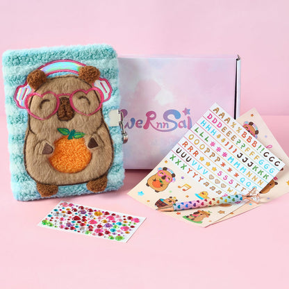 WERNNSAI Capybara Kids Secret Diary for Girls with Lock Key, Kids Plush Journal Kit, School Travel Notebook with Pen, Stickers for Writing Drawing, Birthday Gift for Girls Ages 6-8
