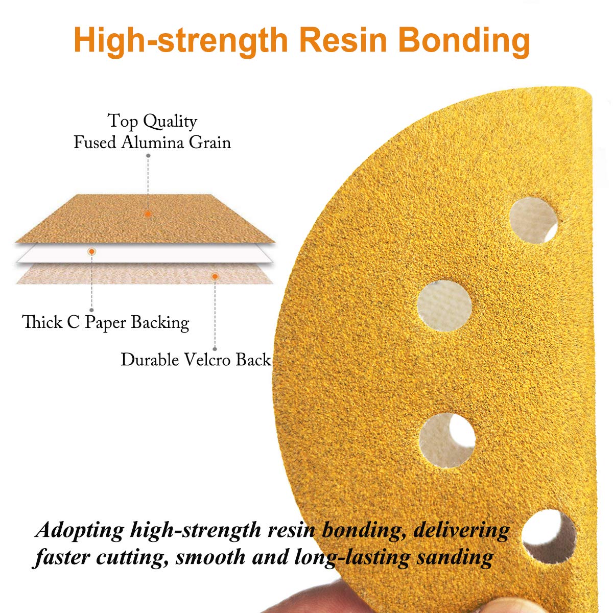 Aiyard 5-Inch 8-Hole Hook and Loop Sanding Discs, 60/80/120/150/220/320/400 Assorted Grits Gold Sanding Disc for Random Orbital Sander, 105-Pack