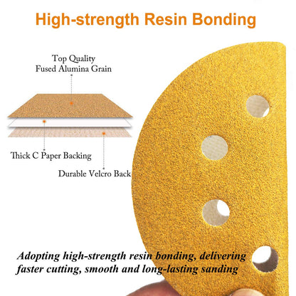 Aiyard 5-Inch 8-Hole Hook and Loop Sanding Discs, 60/80/120/150/220/320/400 Assorted Grits Gold Sanding Disc for Random Orbital Sander, 105-Pack